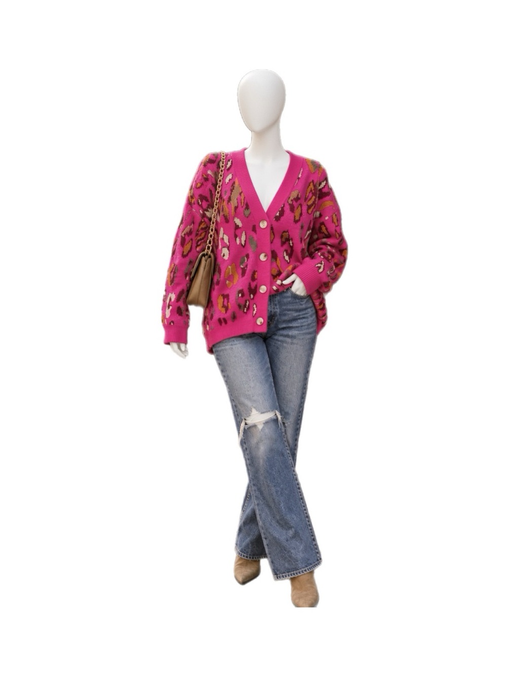 ENTRO fuchsia animal print oversized cardigan M L